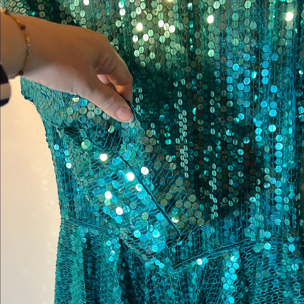 80s Vintage Teal Sequin Long Sleeve MIDI Dress with Peplum Large - Picture 5 of 9